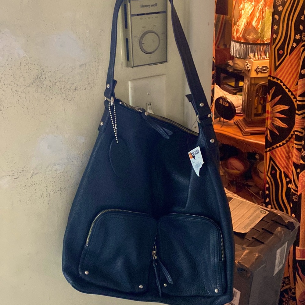 Genuine Leather Pelle Studio Black Purse Carry Hobo Bag Leopard Lining Beautiful
